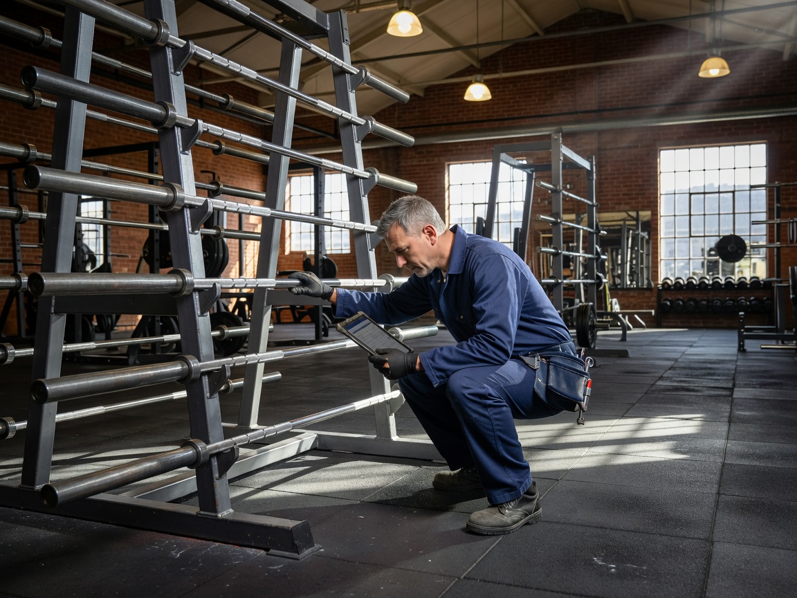Gym layout checklist inspecting barbell racks and free weights