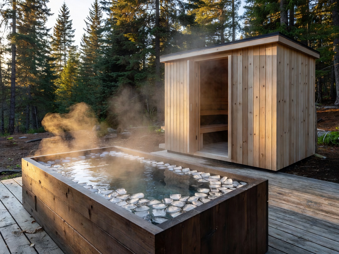 Ice bath plunge and sauna facility recovery room