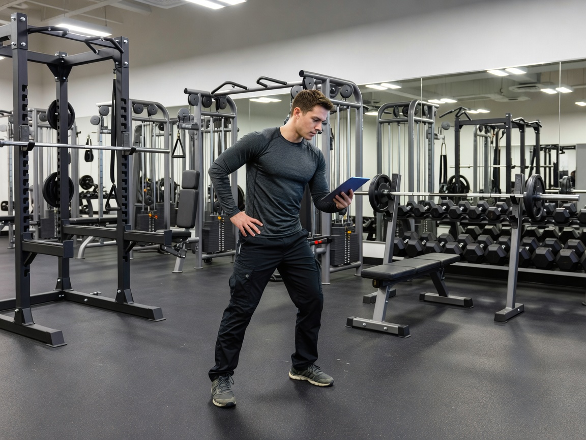 Person inspecting gym equipment layout and power rack spacing