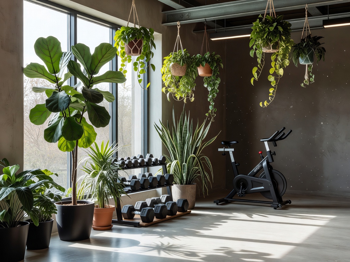 Plant life inside daylight illuminated fitness space
