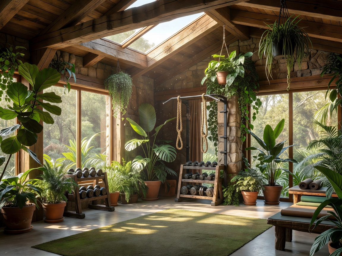 Verdant Peak Sanctuary Gym interior with natural sunlight and plants